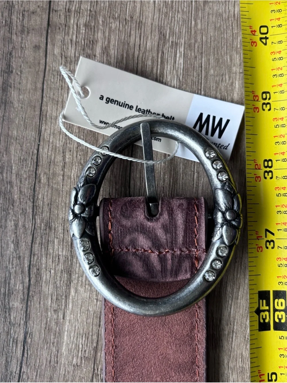 Tooled Leather Belt with Oval Buckle - Green and Brown